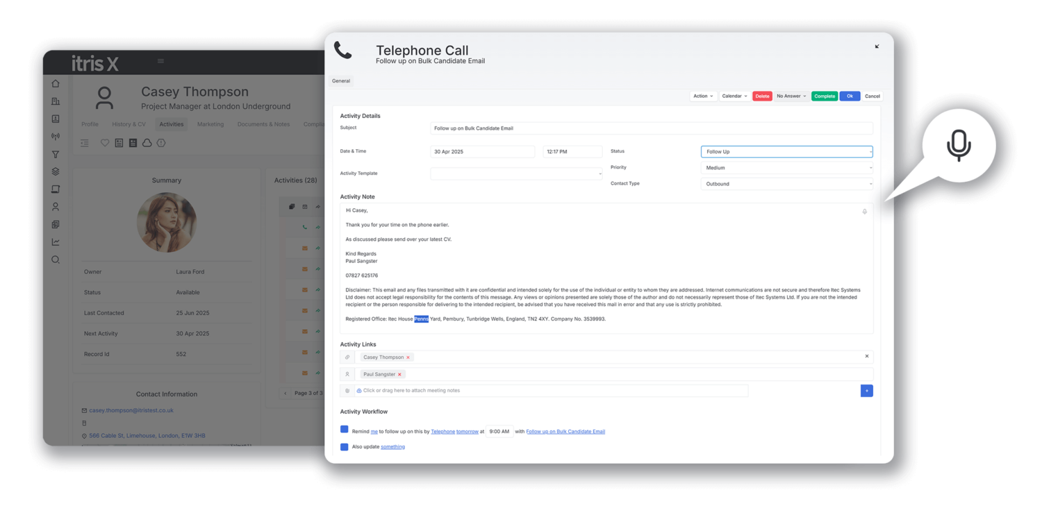 Speech-to-text dictation feature in a recruitment CRM for faster note-taking